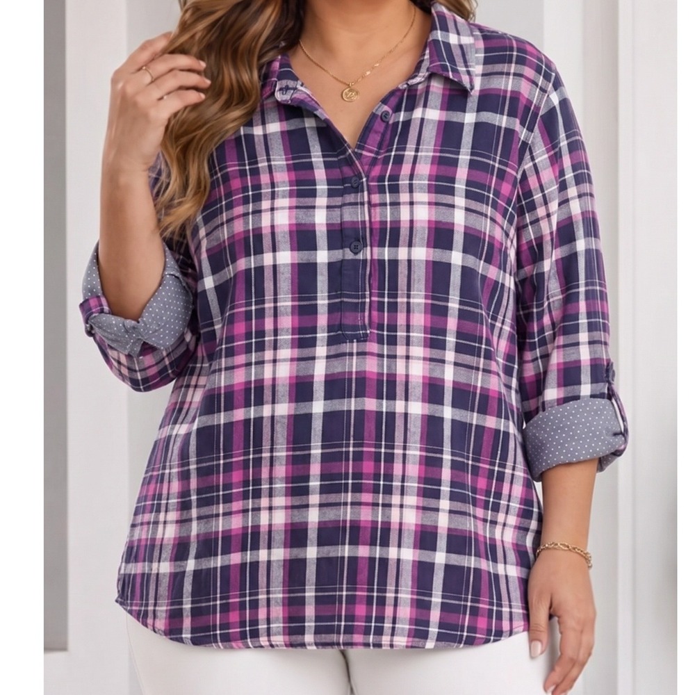 Lane Bryant Purple Plaid Flannel Roll Tab Sleeve Shirt 22/24 Plus Size